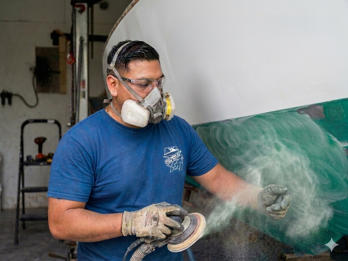 Loggerhead Marine technician sanding a boat hull